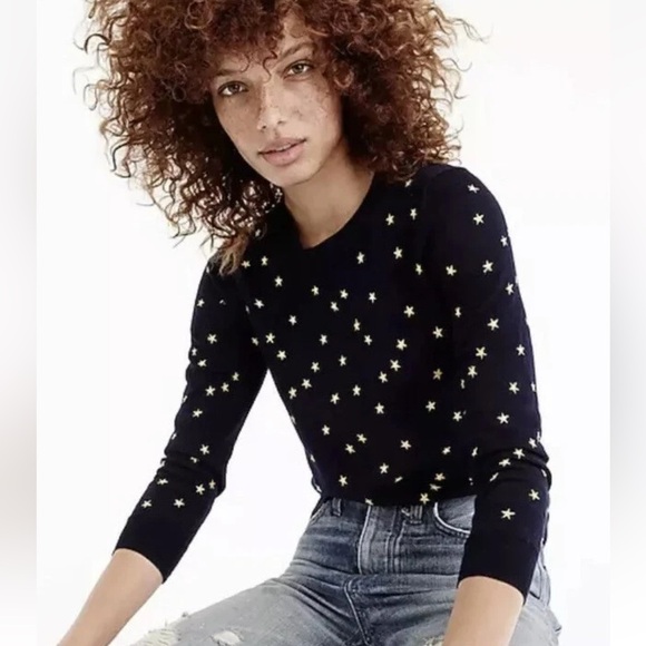 J. Crew Tippi Embroidered Stars Merino Wool Sweater in Navy Gold - Small - Picture 1 of 11